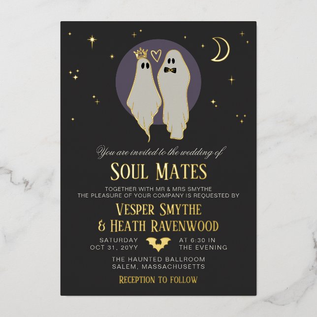 Invitación Con Relieve Metalizado Soul Mates Halloween Haunted Ghost Wedding (Anverso)