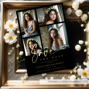 Invitación Con Relieve Metalizado Spanish Black Trendy Quinceañera Collage 4 Photos
