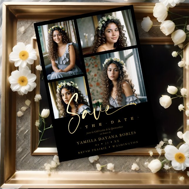Invitación Con Relieve Metalizado Spanish Black Trendy Quinceañera Collage 4 Photos (Spanish Black Trendy Quinceañera Collage 4 Photos Metallic Foil Save the Date Card. )