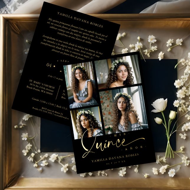 Invitación Con Relieve Metalizado Spanish Black Trendy Quinceañera Collage 4 Photos (Spanish Black Trendy Quinceañera Collage 4 Photos Metallic Foil Invitation Card. )