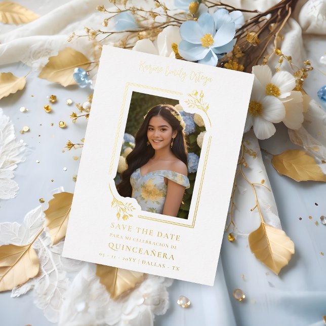 Invitación Con Relieve Metalizado Spanish Elegant Photo Quinceañera Yellow Floral (Spanish Elegant Photo Quinceañera Floral Frame in Golden Metallic Foil Save the Date Card. )