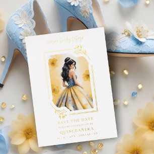 Invitación Con Relieve Metalizado Spanish Elegant Quinceañera Yellow Doll Floral