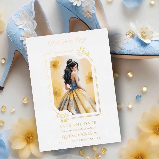 Invitación Con Relieve Metalizado Spanish Elegant Quinceañera Yellow Doll Floral (Spanish Elegant Quinceañera in Yellow Doll Floral Frame Metallic Foil Save the Date Card. )