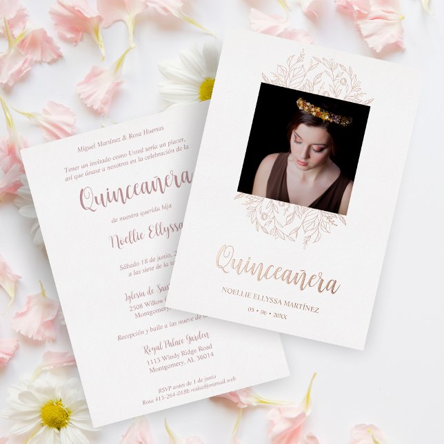 Invitación Con Relieve Metalizado Spanish Luxury Wildflowers Frame Quinceañera Photo (Subido por el creador)