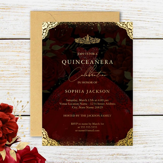 Invitación Con Relieve Metalizado Sparkke Red Gold Vestido Tiara Foto Quinceanera (Subido por el creador)
