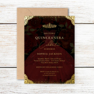 Invitación Con Relieve Metalizado Sparkke Red Gold Vress Tiara Quinceanera