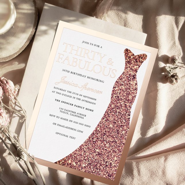 Invitación Con Relieve Metalizado Sparkle Dress 30th Birthday Party Rose Gold (Subido por el creador)