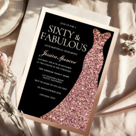 Invitación Con Relieve Metalizado Sparkle Dress & Black 60th Birthday Rose Gold