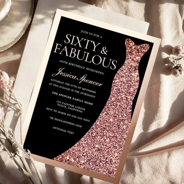 Invitación Con Relieve Metalizado Sparkle Dress & Black 60th Birthday Rose Gold (Subido por el creador)
