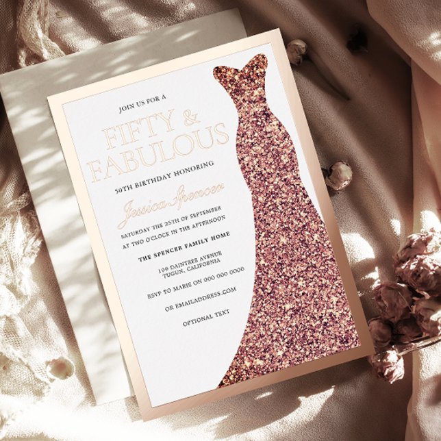 Invitación Con Relieve Metalizado Sparkle Dress Womans 50th Birthday Party Rose Gold (Subido por el creador)