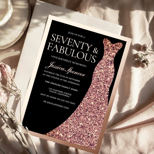 Invitación Con Relieve Metalizado Sparkle Dress Womans 70th Birthday Black Rose Gold (Subido por el creador)