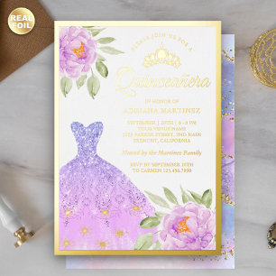 Invitación Con Relieve Metalizado Sparkle Gown Lilac Purple Floral Quinceanera Gold