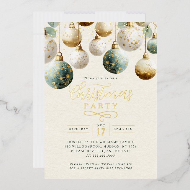 Invitación Con Relieve Metalizado Sparkle Green Golden Baubles Christmas Party  (Sobre)