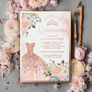 Invitación Con Relieve Metalizado Sparkling Gown Rubor Floral Quinceanera Rosa Gold