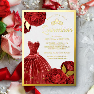 Invitación Con Relieve Metalizado Sparkling Red Roses Roses Quinceanera Gold