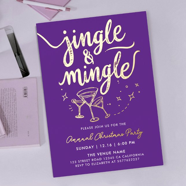 Invitación Con Relieve Metalizado Sparkly Gold Purple Jingle Mingle Cocktail Doodles (Subido por el creador)