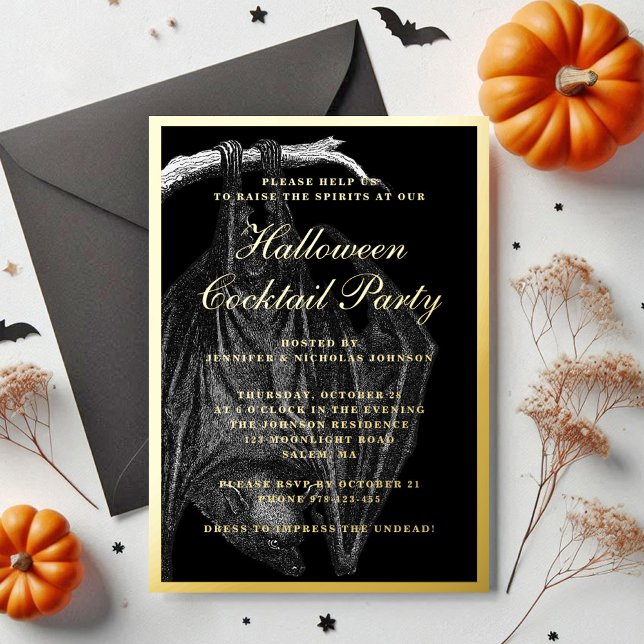 Invitación Con Relieve Metalizado Spooky Bat Halloween Cocktail Fiesta Gold (Spooky Bat Halloween Cocktail Party Gold Foil Invitation)