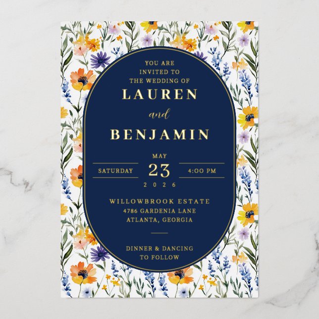 Invitación Con Relieve Metalizado Spring Floral Wedding (Anverso)