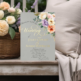 Invitación Con Relieve Metalizado Spring Floral & Wreath Monogram - Sage