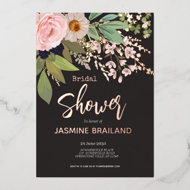 Invitación Con Relieve Metalizado Spring Garden Floral Bouquet Bridal Shower (Anverso)