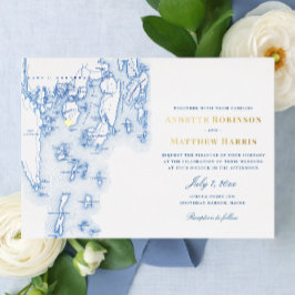 Invitación Con Relieve Metalizado Spruce Point Inn Maine Boda Navy Gold