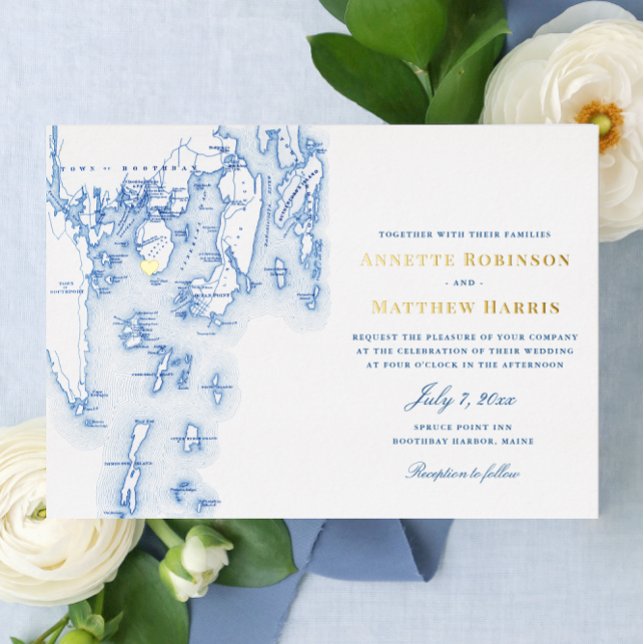 Invitación Con Relieve Metalizado Spruce Point Inn Maine Boda Navy Gold (Elegant Navy Blue Spruce Point Inn Boothbay Harbor Maine Wedding Invitations with real Gold Foil )
