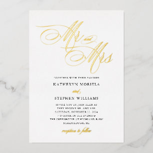 Invitación Con Relieve Metalizado Sr & Sra Caligrafía Clásica Boda Dorado