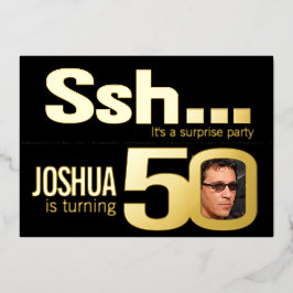 Invitación Con Relieve Metalizado Ssh... Sorpresa 50.ª fiesta de cumpleaños oro negr