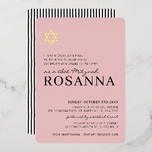 Invitación Con Relieve Metalizado STAR Bat Mitzvah moderno minimalista paris rosa ne