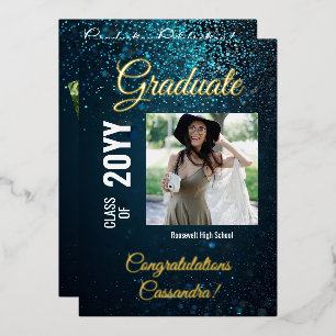 Invitación Con Relieve Metalizado Stardust Blue Modern Square Photo Graduation Party