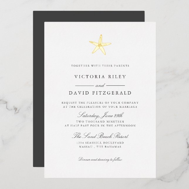 Invitación Con Relieve Metalizado Starfish Elegant Ocean Beach WEDDING GOLD (Anverso/Reverso)