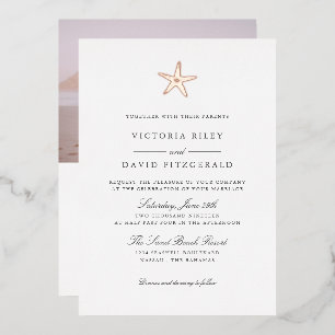 Invitación Con Relieve Metalizado Starfish Elegante Ocean Beach WEDDING ROSA GOLD V3
