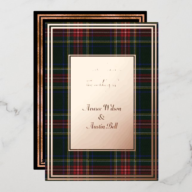 Invitación Con Relieve Metalizado Stewart Black Modern Original Tartan Rosa Gold (Anverso/Reverso)