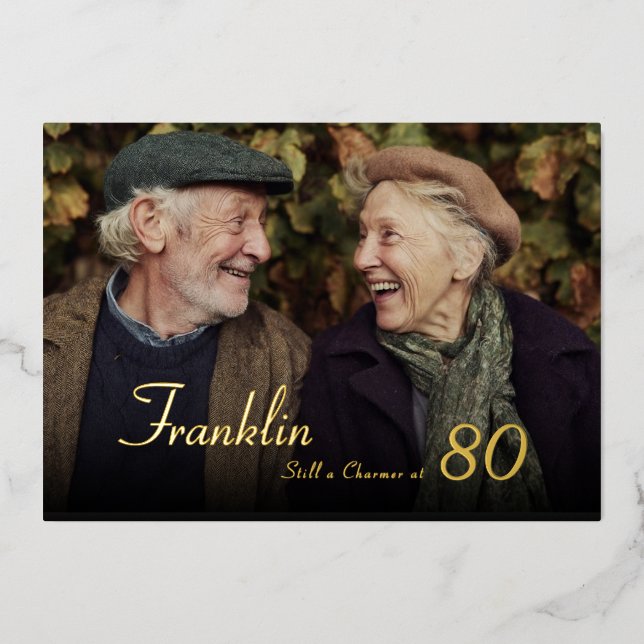 Invitación Con Relieve Metalizado Still Charming Male 80th Photo Birthday Invitation (Anverso)