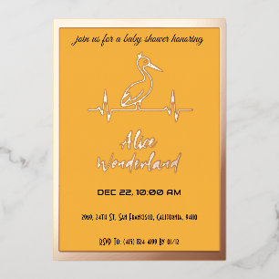 Invitación Con Relieve Metalizado Stork in Modern Gold y Sunray Baby Shower