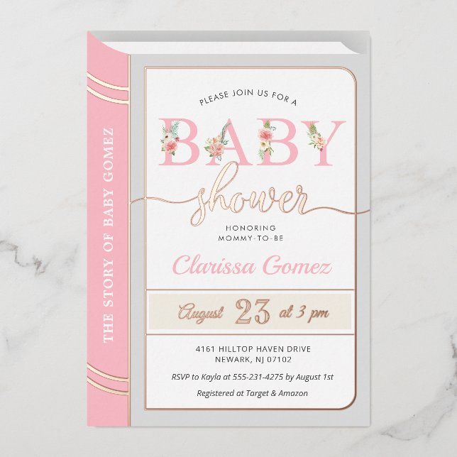 Invitación Con Relieve Metalizado Storybook Fairytale Baby Girl Shower Rosa (Anverso)