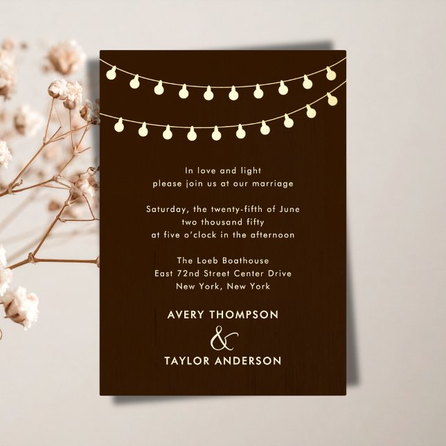 Invitación Con Relieve Metalizado String Lights Elevated Rustic Wedding  (String Lights Rustic Romantic Wedding Foil Invitation)