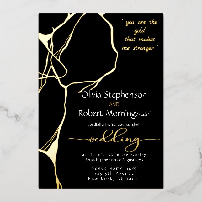 Invitación Con Relieve Metalizado Stunning Black and Gold Kintsugi (Anverso)