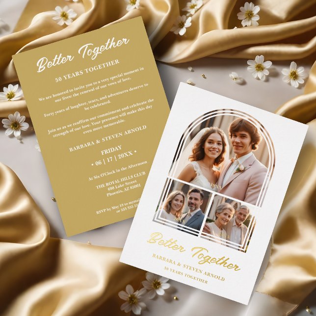 Invitación Con Relieve Metalizado Stylish Arch 3 Photos Elegant Wedding Anniversary  (Stylish Arch 3 Photos Elegant Wedding Anniversary Gold Metallic Foil Invitation Card as a Time Life.)