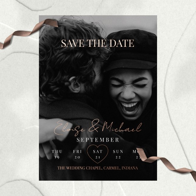 Invitación Con Relieve Metalizado Stylish Calendar Photo Double-sided Save The Date (Invite guests to save the date with this Stylish Calendar Photo Double-sided Save The Date!)