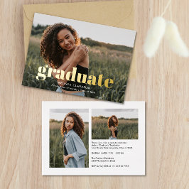 Invitación Con Relieve Metalizado Stylish Gold Bold Typography 3 Photo Graduation