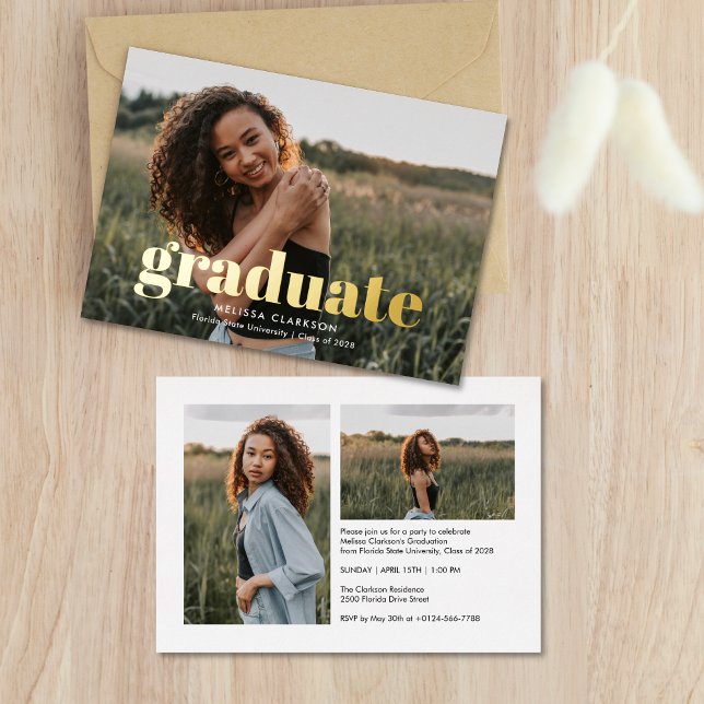 Invitación Con Relieve Metalizado Stylish Gold Bold Typography 3 Photo Graduation (Subido por el creador)
