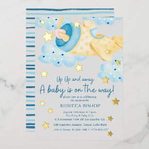 Invitación Con Relieve Metalizado Sube Sube y Vuela Avión Gris Amarillo Shower de Be