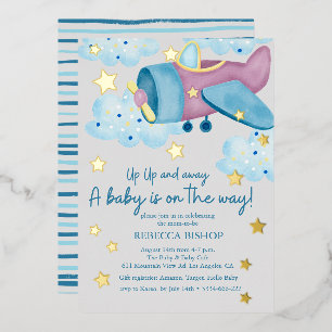 Invitación Con Relieve Metalizado Sube Sube y Vuela Avión Gris Morado Baby Shower