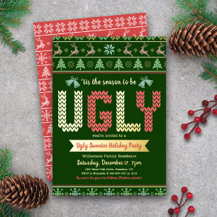 Invitación Con Relieve Metalizado Suéter feo de Navidad, fiesta, verde, oro real