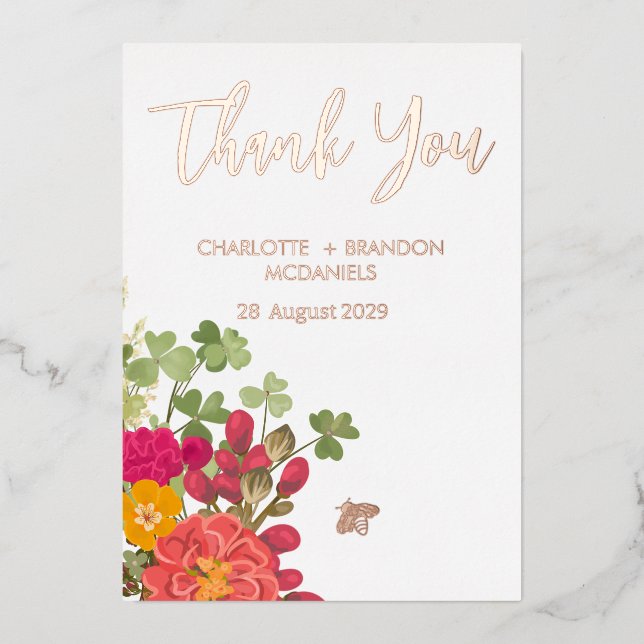 Invitación Con Relieve Metalizado Summer Floral Garden Wildflowers Boda Gracias (Anverso)