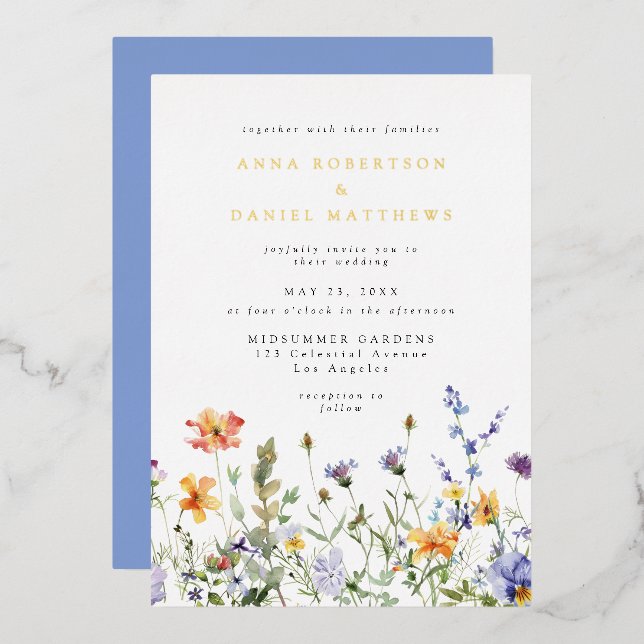 Invitación Con Relieve Metalizado Summer Wildflower Garden Wedding Foil Invitation (Anverso/Reverso)
