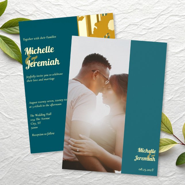 Invitación Con Relieve Metalizado Sunflower Teal Blue Modern Wedding Gold (Subido por el creador)