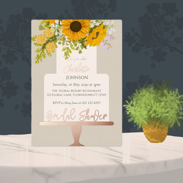 Invitación Con Relieve Metalizado Sunflowers Bouquet Floral Cake Bridal Shower  (Subido por el creador)