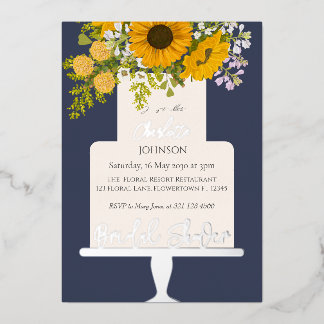 Invitación Con Relieve Metalizado Sunflowers Bouquet Floral Cake Bridal Shower 